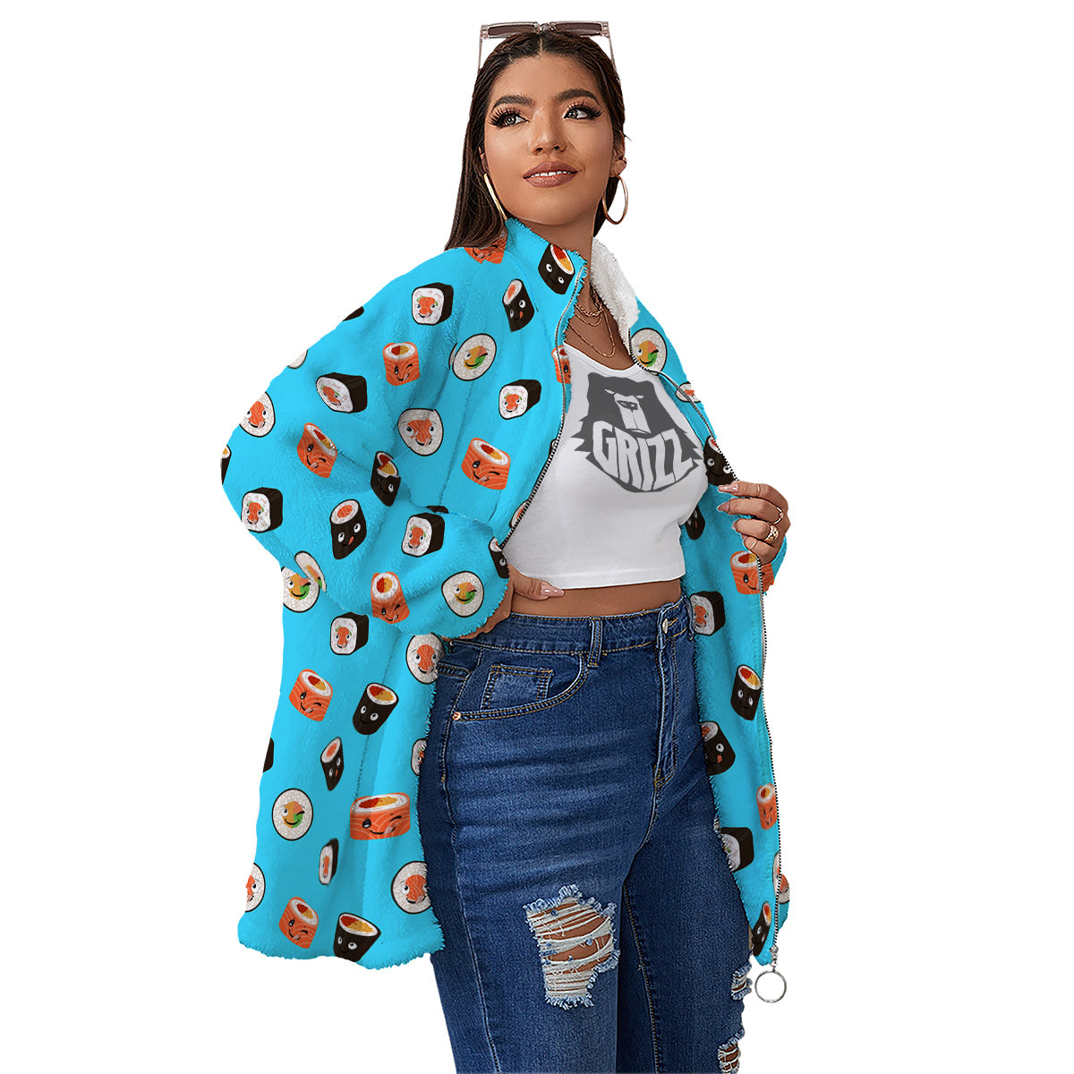 Cute Sushi Rolls Print Pattern Women's Sherpa Jacket-grizzshop