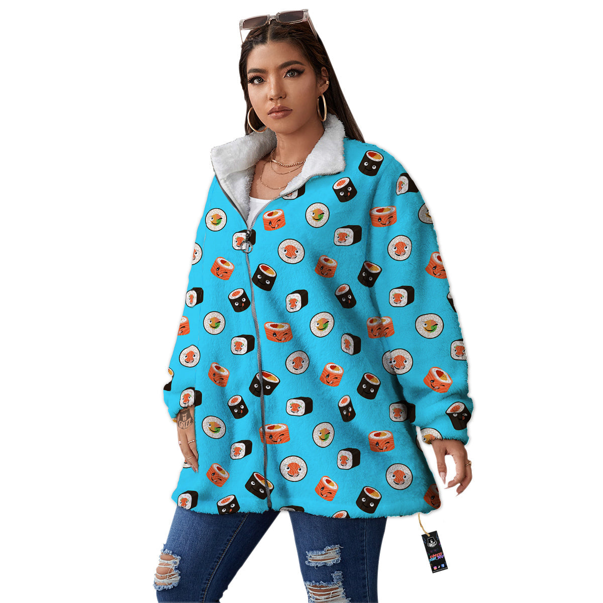 Cute Sushi Rolls Print Pattern Women's Sherpa Jacket-grizzshop