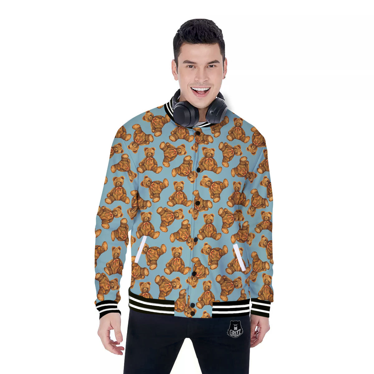 Cute Teddy Bear Print Pattern Baseball Jacket-grizzshop