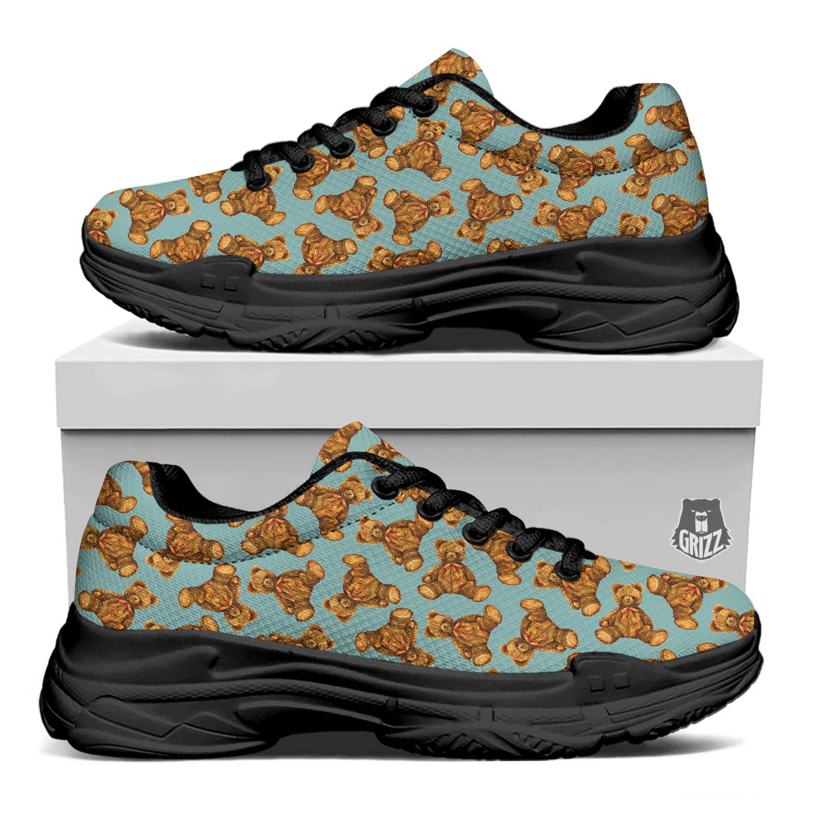 Cute Teddy Bear Print Pattern Black Chunky Shoes-grizzshop