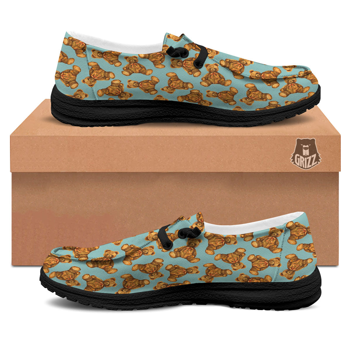 Cute Teddy Bear Print Pattern Black Loafers-grizzshop