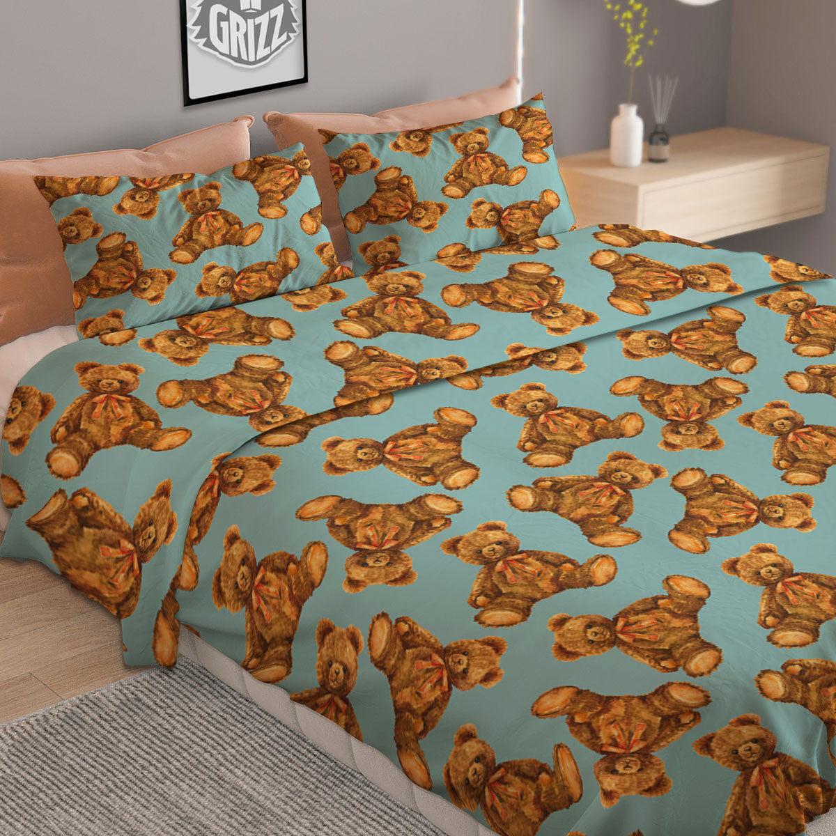 Cute Teddy Bear Print Pattern Duvet Cover Bedding Set