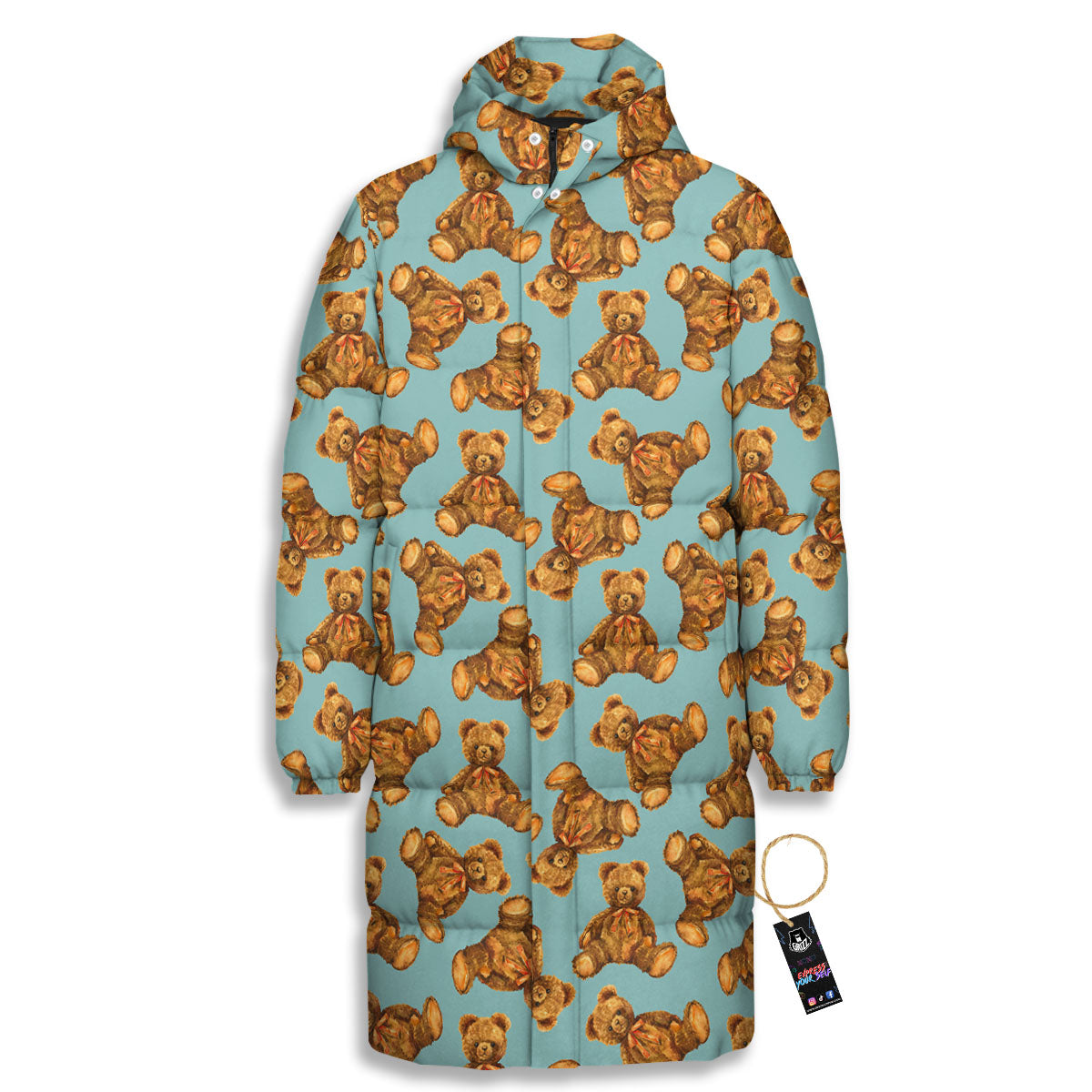 Cute Teddy Bear Print Pattern Long Down Jacket-grizzshop