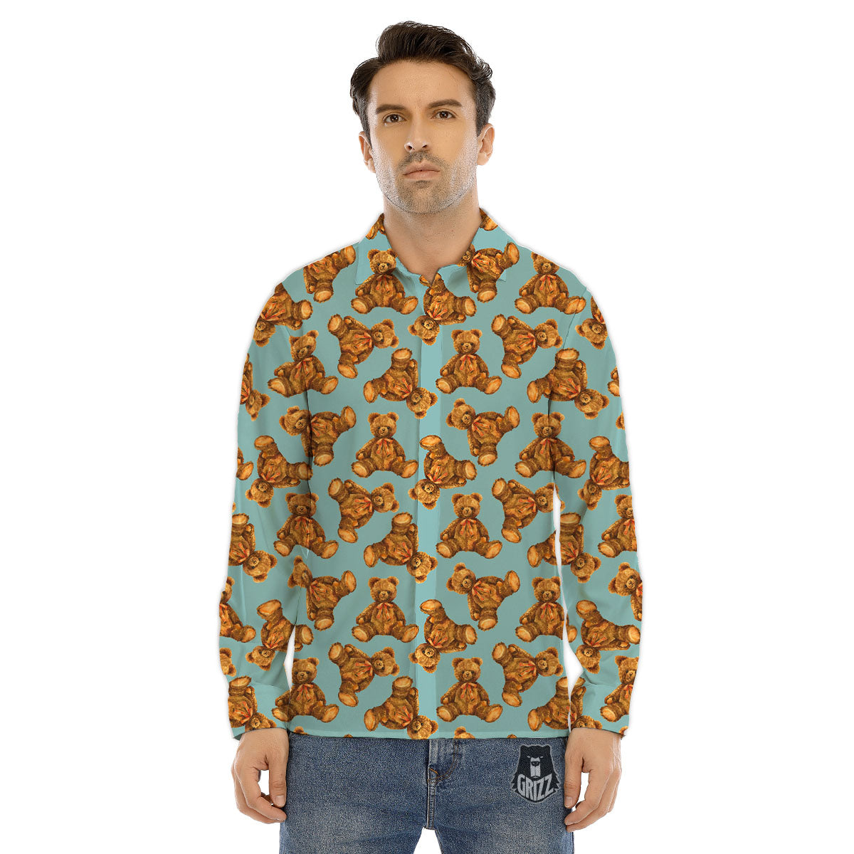 Cute Teddy Bear Print Pattern Men's Dress Shirts-grizzshop
