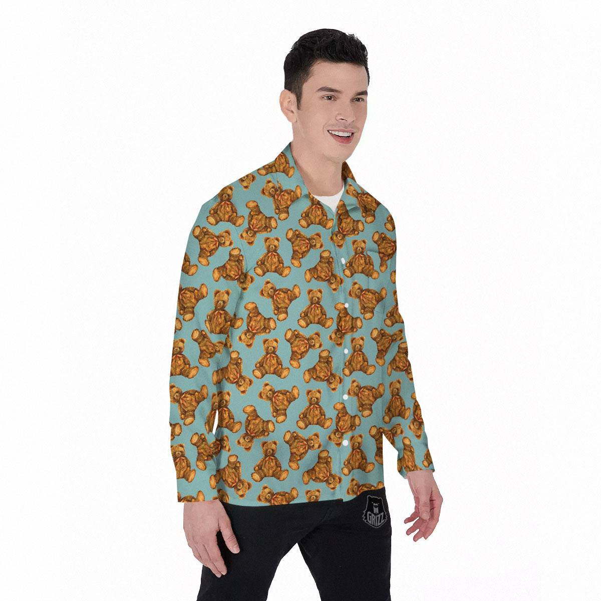 Cute Teddy Bear Print Pattern Men's Long Sleeve Shirts-grizzshop