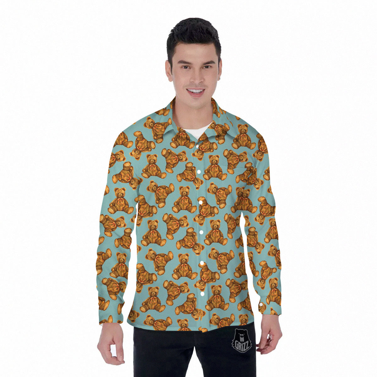Cute Teddy Bear Print Pattern Men's Long Sleeve Shirts-grizzshop