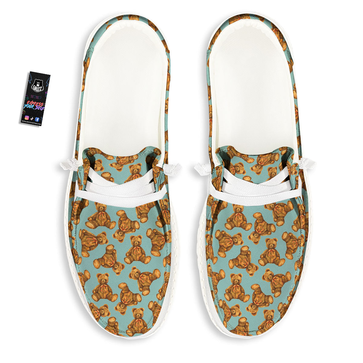 Cute Teddy Bear Print Pattern White Loafers-grizzshop