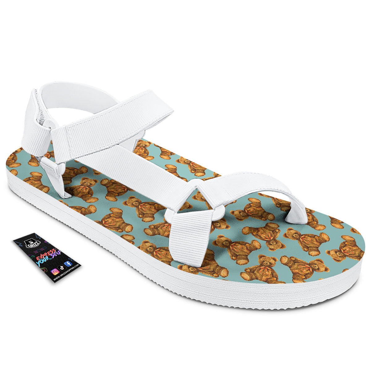 Cute Teddy Bear Print Pattern White Open Toe Sandals-grizzshop