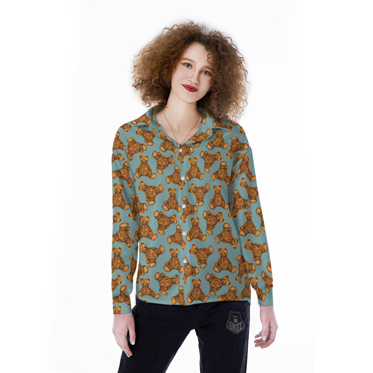Cute Teddy Bear Print Pattern Women's Long Sleeve Shirts-grizzshop
