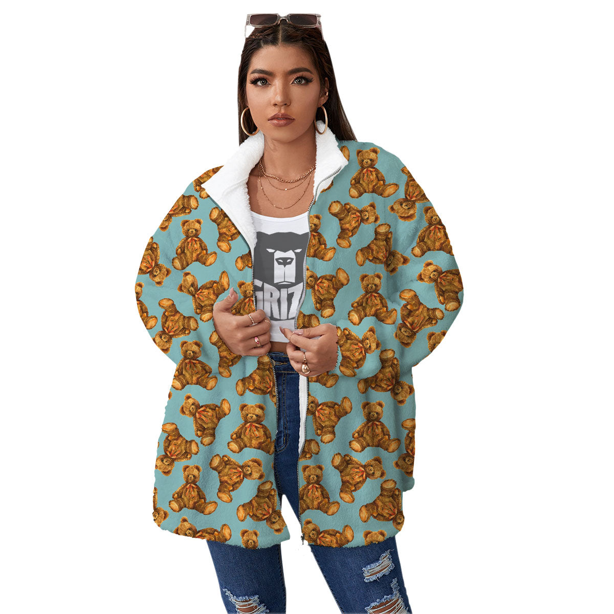 Cute Teddy Bear Print Pattern Women's Sherpa Jacket-grizzshop