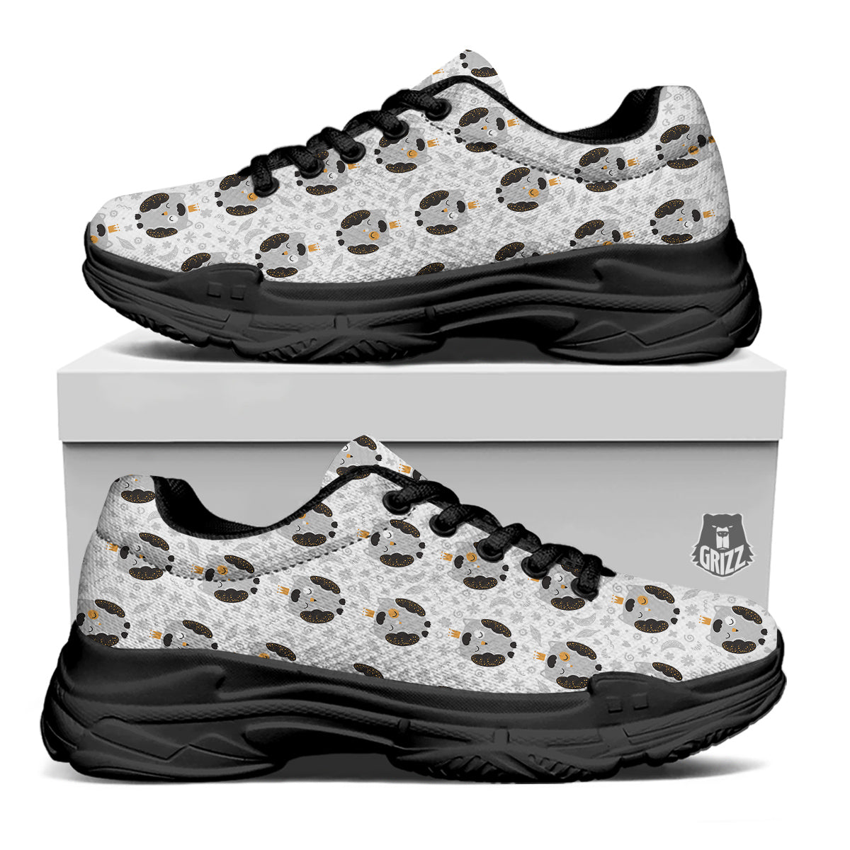 Cute White Grey Owl Print Pattern Black Chunky Shoes-grizzshop