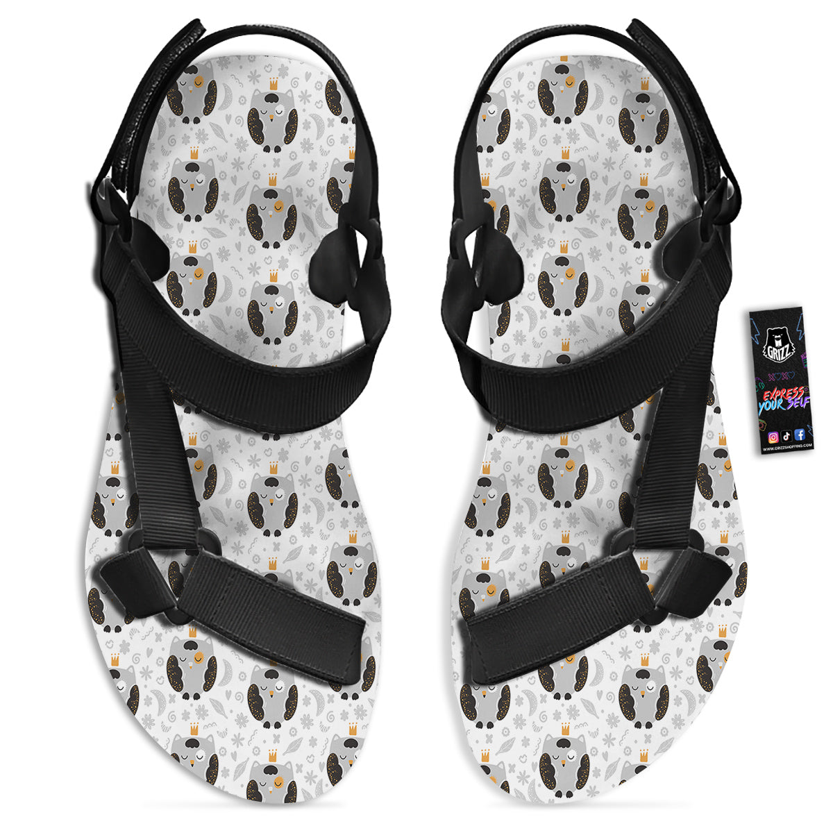 Cute White Grey Owl Print Pattern Black Open Toe Sandals-grizzshop