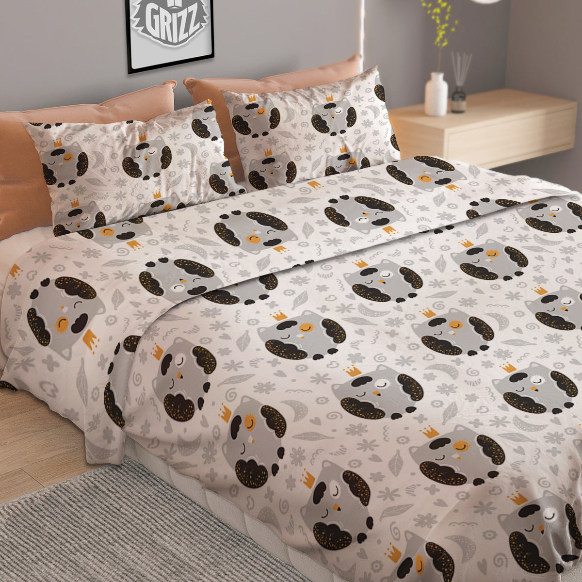 Cute White Grey Owl Print Pattern Duvet Cover Bedding Set