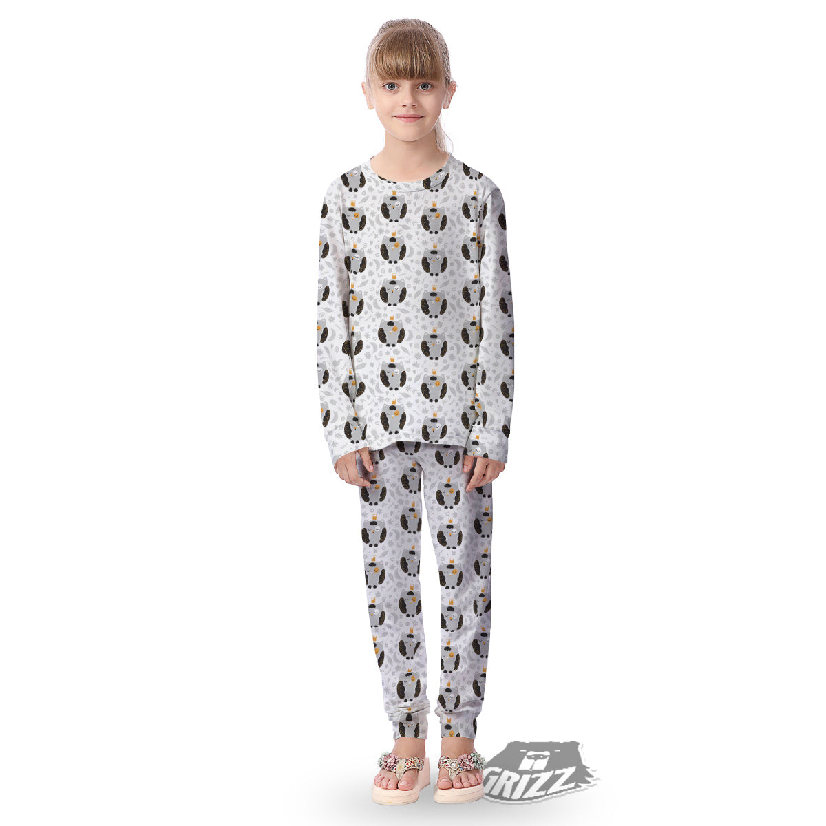 Cute White Grey Owl Print Pattern Kid's Pajamas-grizzshop