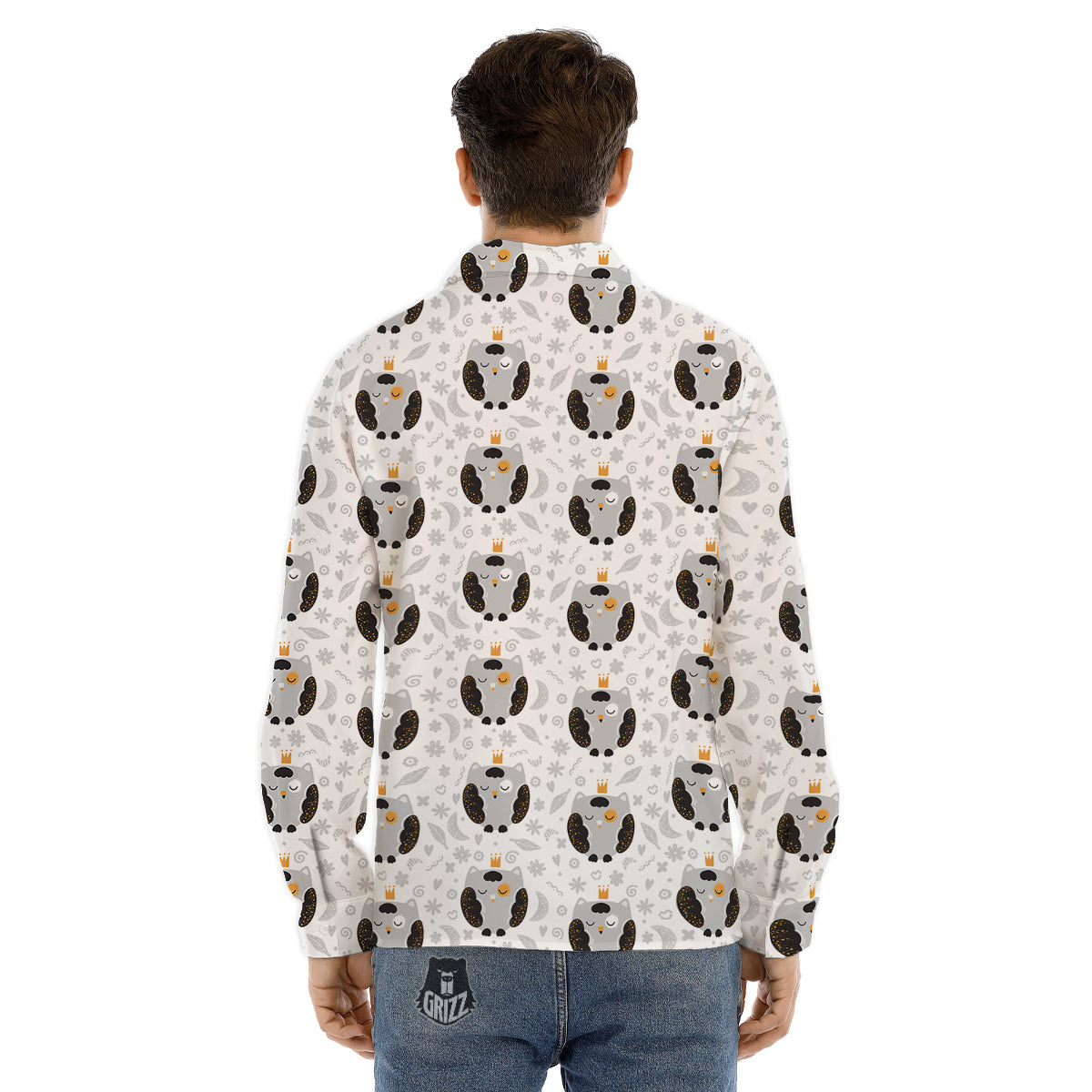 Cute White Grey Owl Print Pattern Men's Dress Shirts-grizzshop