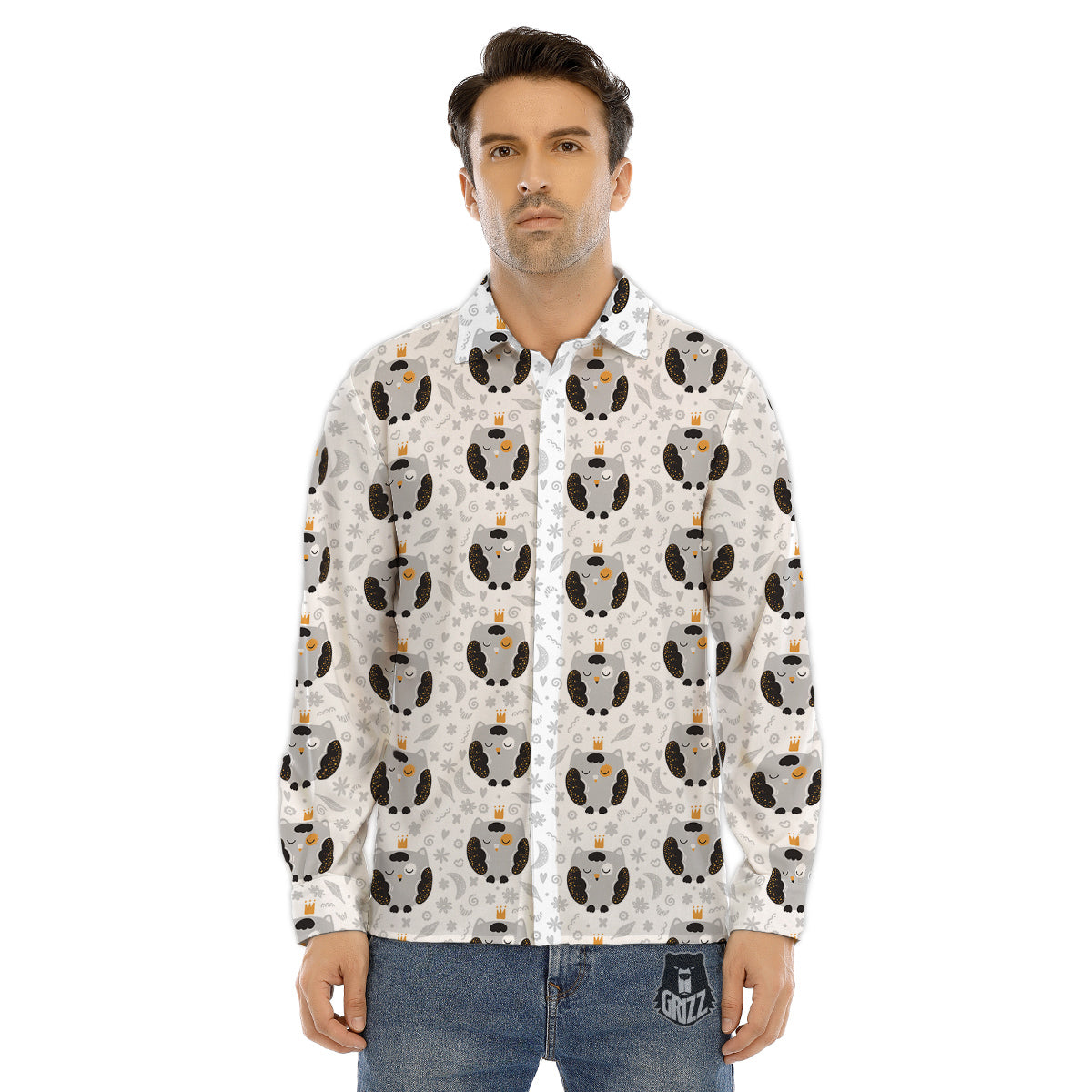 Cute White Grey Owl Print Pattern Men's Dress Shirts-grizzshop