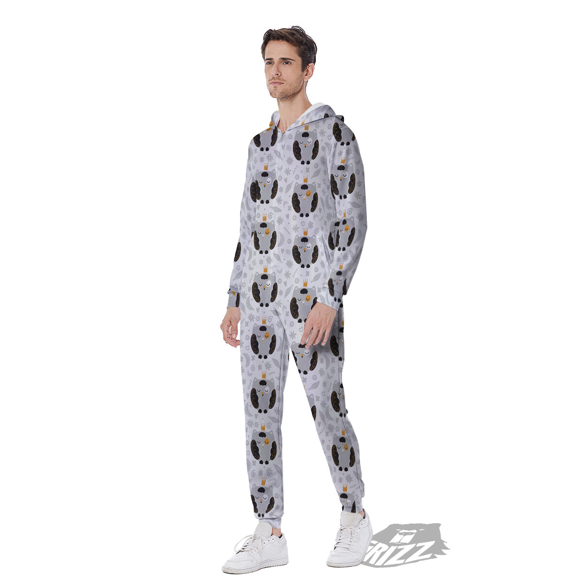 Cute White Grey Owl Print Pattern Men's Jumpsuit-grizzshop
