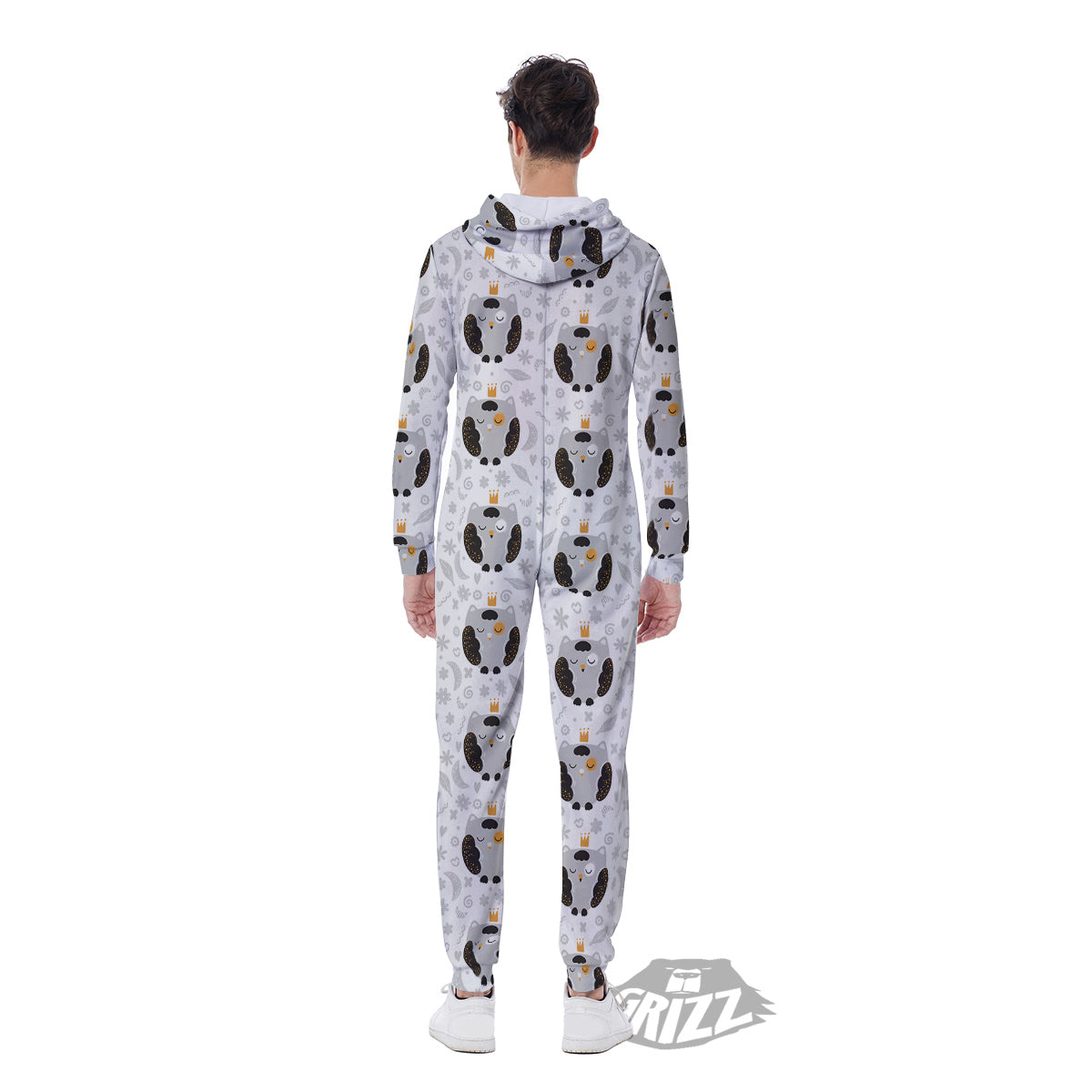Cute White Grey Owl Print Pattern Men's Jumpsuit-grizzshop