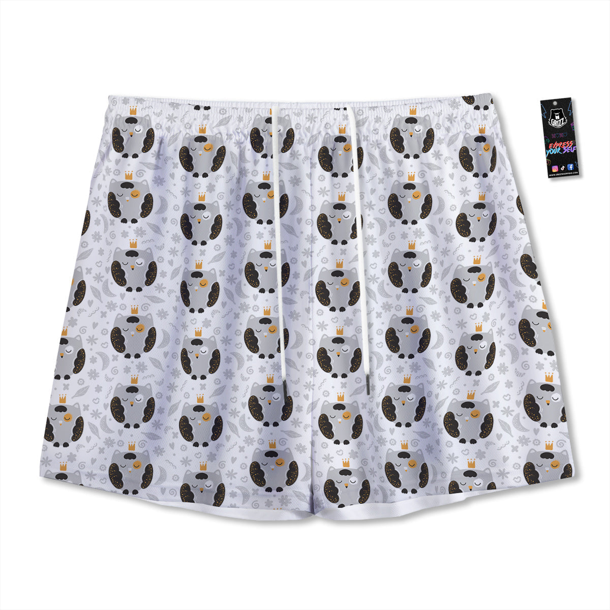 Cute White Grey Owl Print Pattern Mesh Shorts