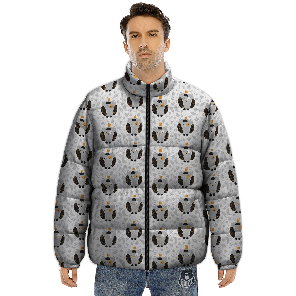 Cute White Grey Owl Print Pattern Puffer Jacket-grizzshop
