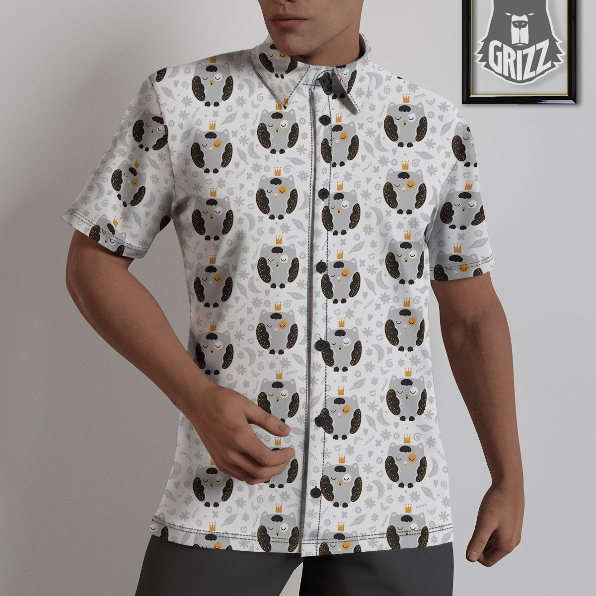 Cute White Grey Owl Print Pattern Untucked Shirts-grizzshop
