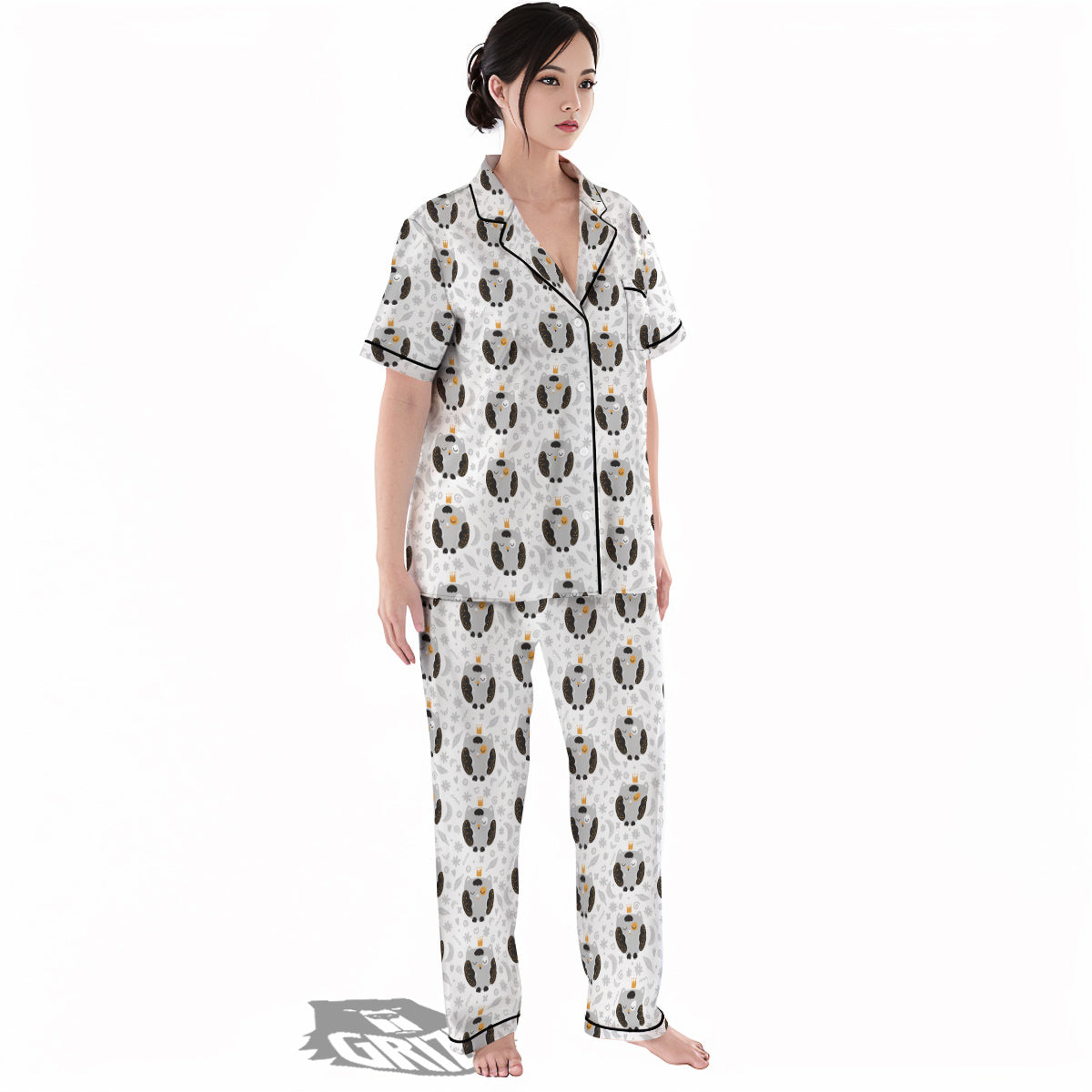 Cute White Grey Owl Print Pattern Women's Pajamas Set-grizzshop