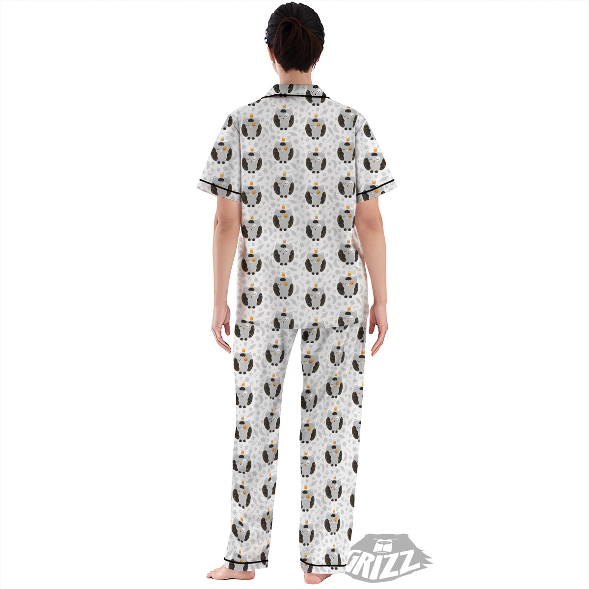 Cute White Grey Owl Print Pattern Women's Pajamas Set-grizzshop