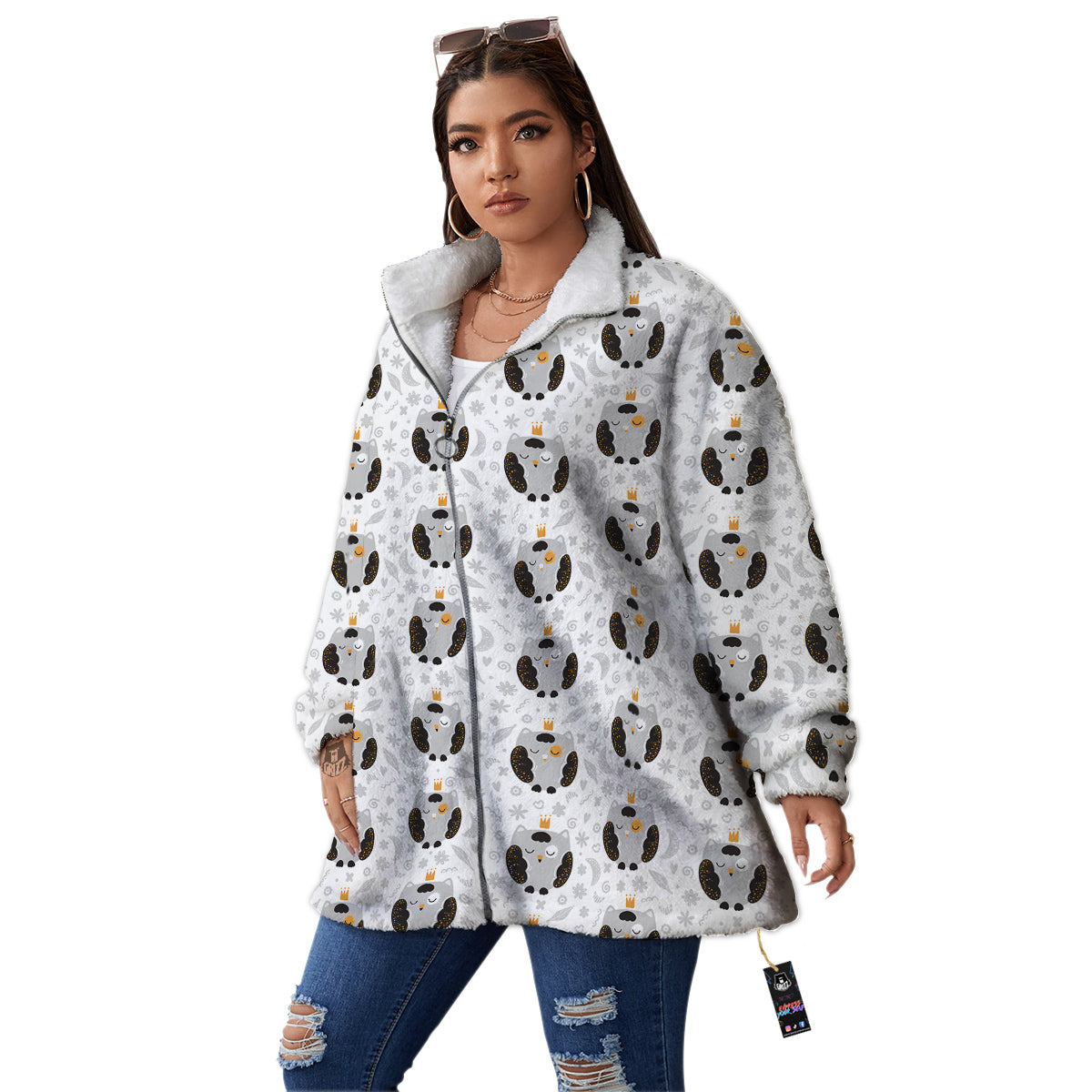 Cute White Grey Owl Print Pattern Women's Sherpa Jacket-grizzshop