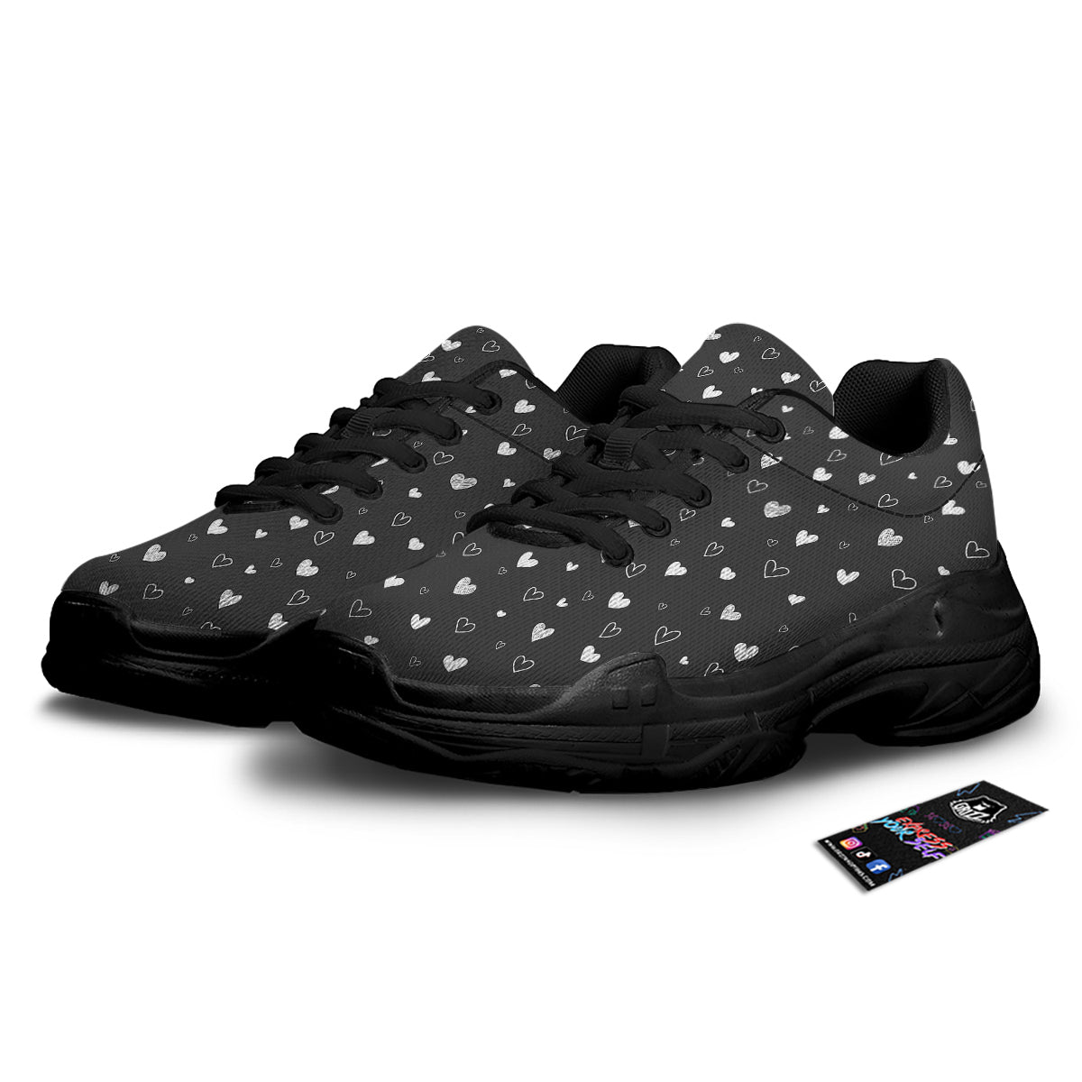 Cute White Heart And Black Print Pattern Black Chunky Shoes-grizzshop