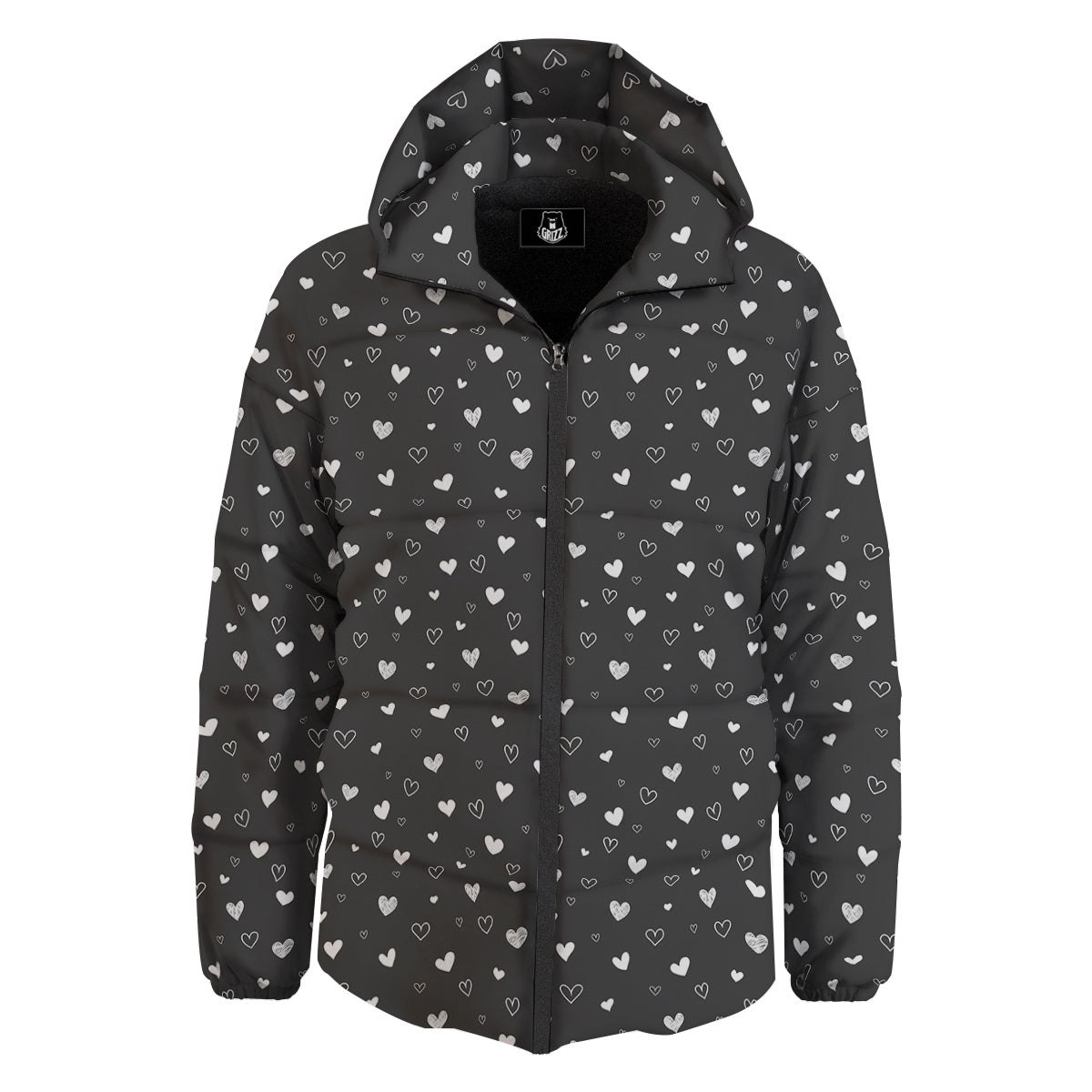 Cute White Heart And Black Print Pattern Down Jacket-grizzshop