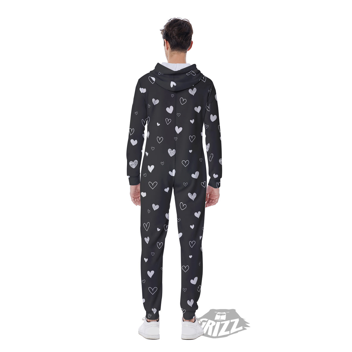 Cute White Heart And Black Print Pattern Men's Jumpsuit-grizzshop