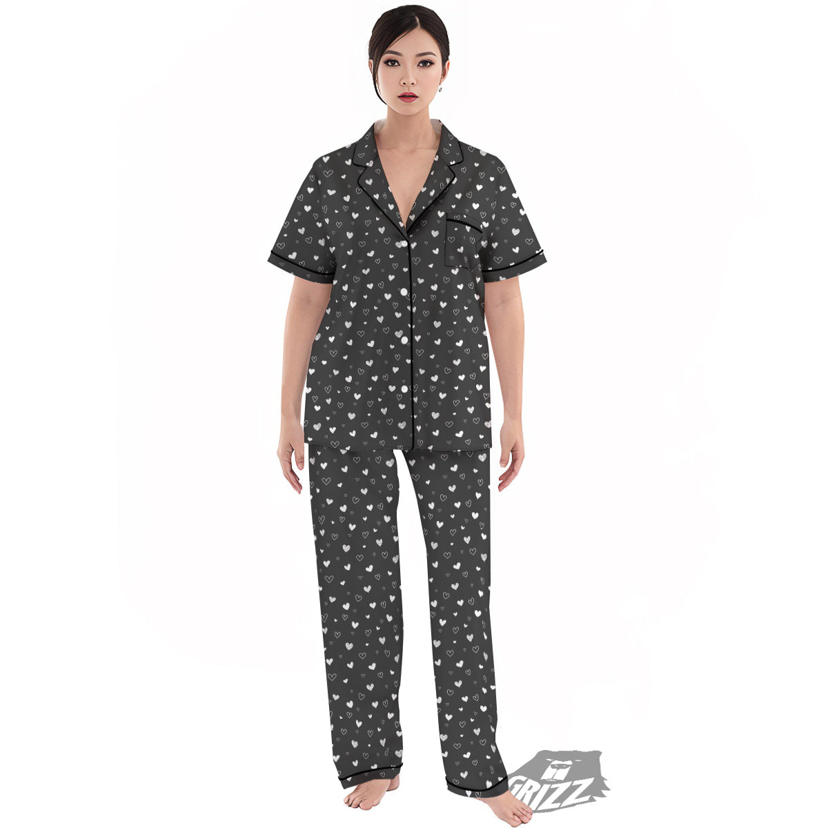 Cute White Heart And Black Print Pattern Women's Pajamas Set-grizzshop