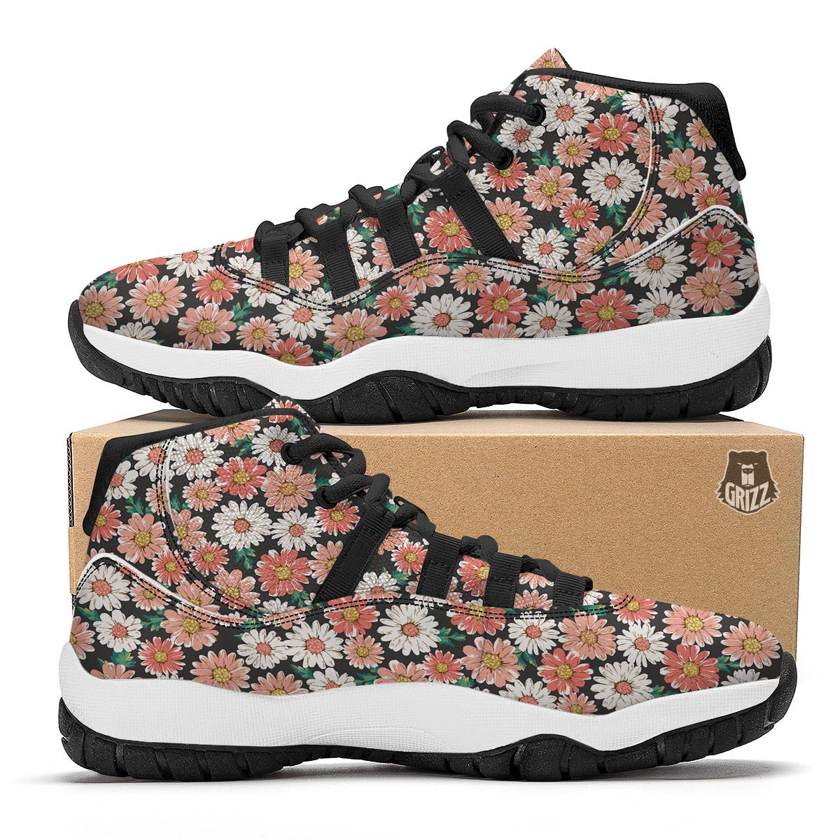Cute White Pink Daisy Pattern Print Black Bball Shoes-grizzshop
