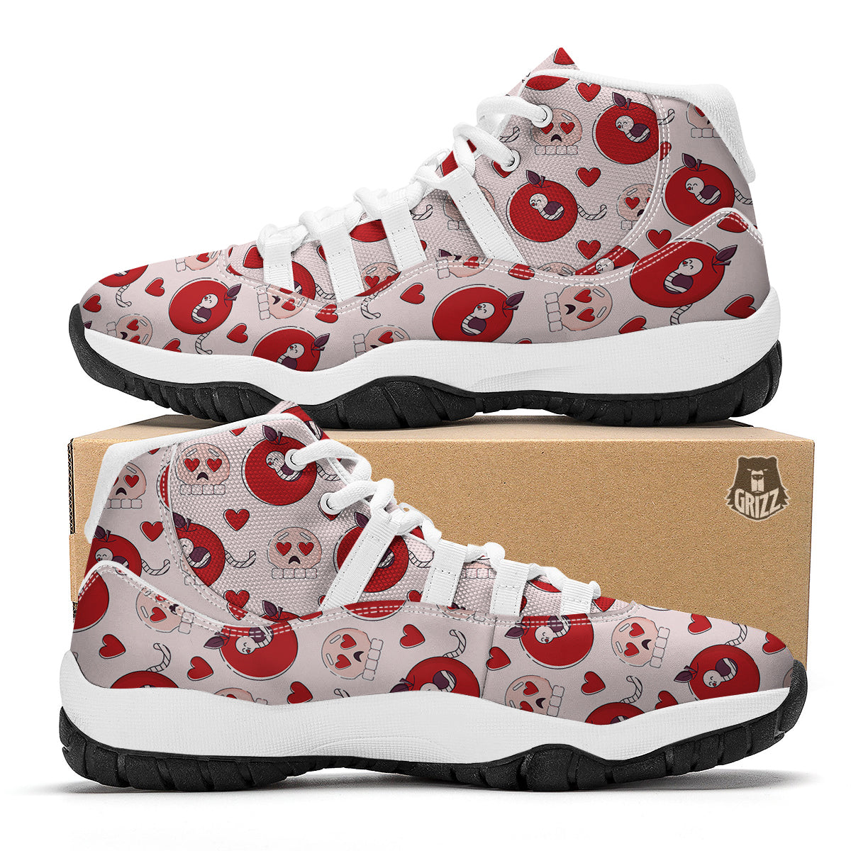 Cute Worm And Apple Print Pattern White Bball Shoes-grizzshop