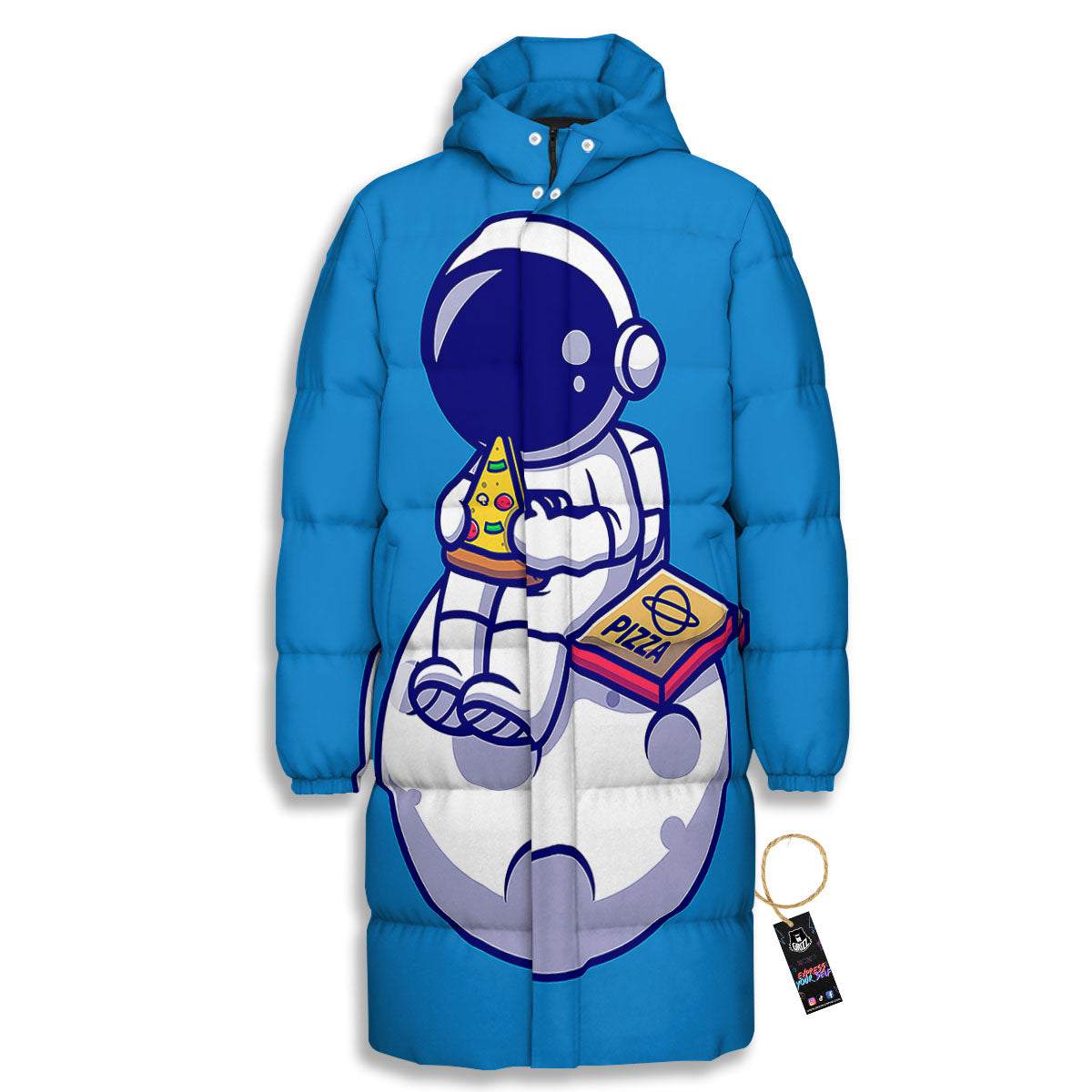 Cute Astronaut Eating Pizza Print Long Down Jacket