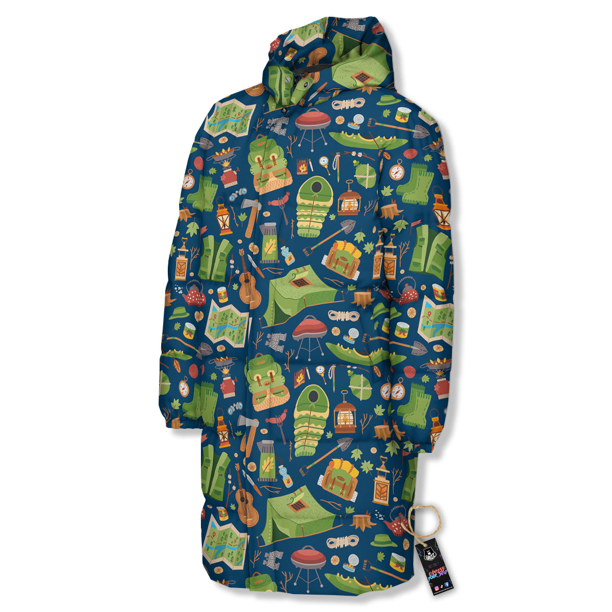 Cute Camping Equipment Print Pattern Long Down Jacket