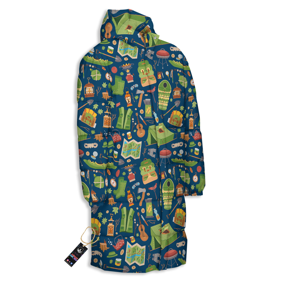 Cute Camping Equipment Print Pattern Long Down Jacket