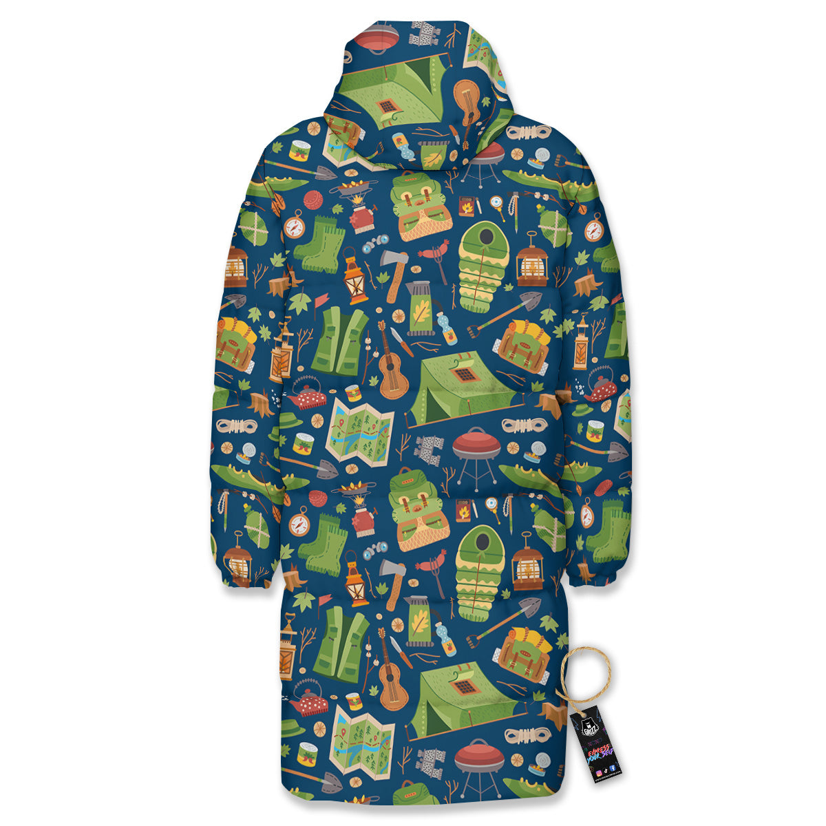 Cute Camping Equipment Print Pattern Long Down Jacket