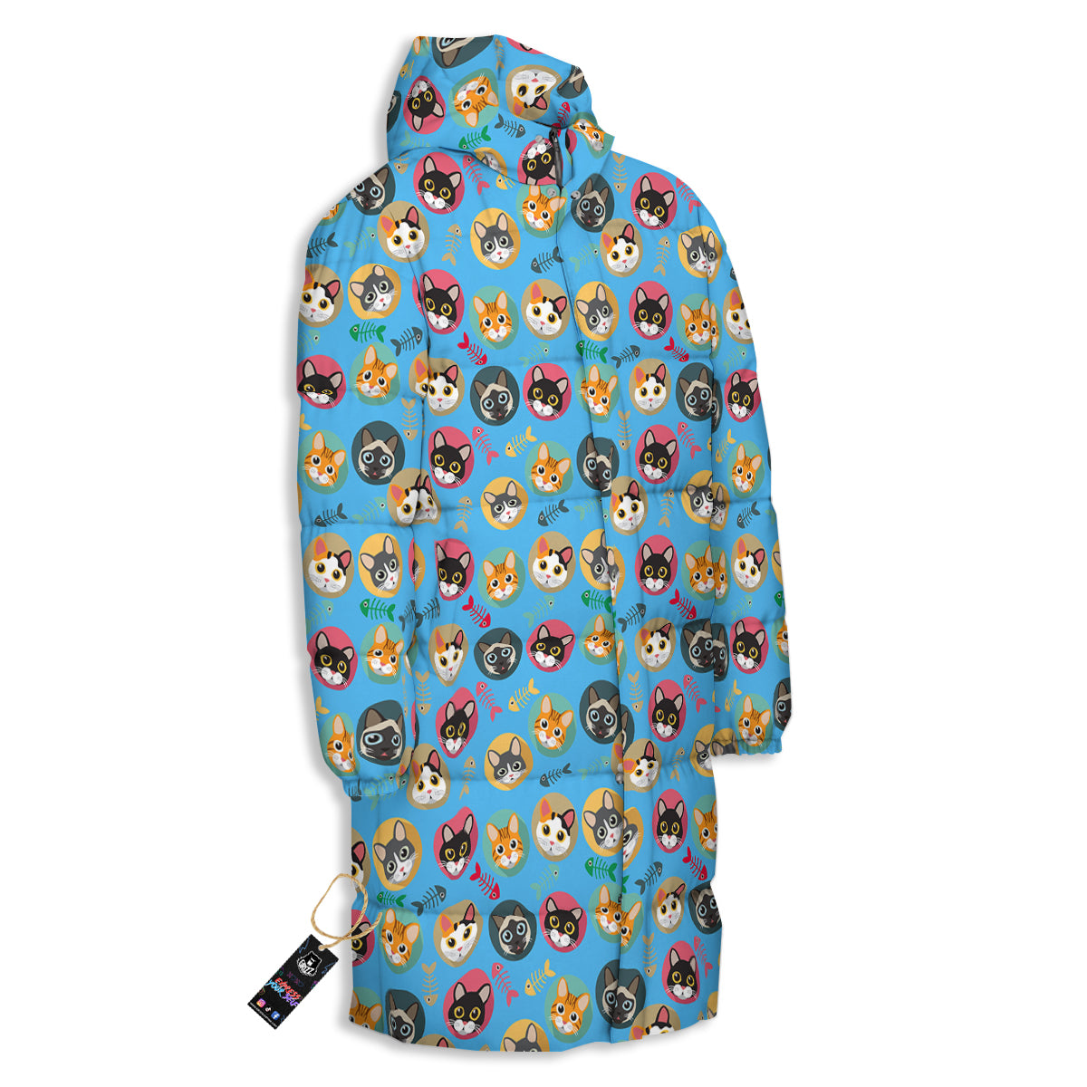 Cute Cats And Fishbone Colorful Print Pattern Long Down Jacket