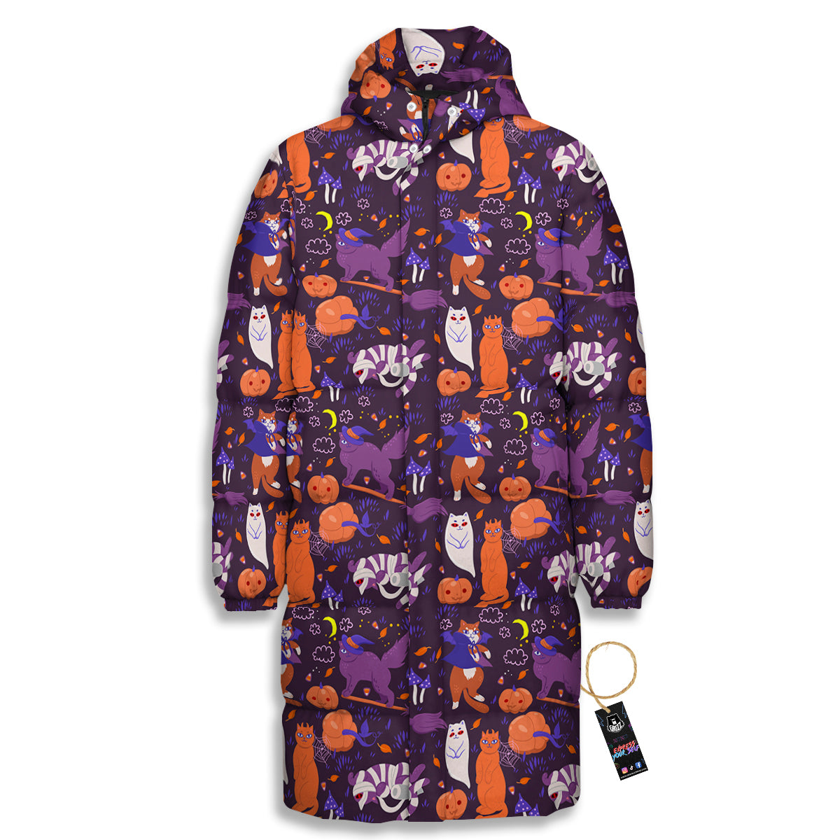 Cute Cats Halloween Print Pattern Long Down Jacket