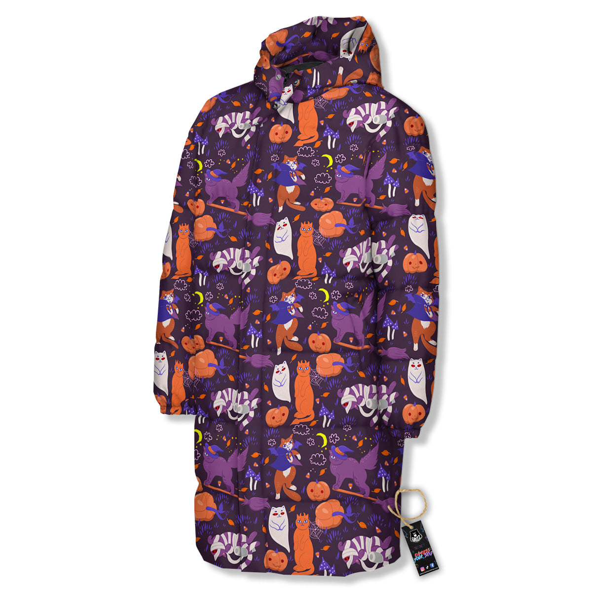 Cute Cats Halloween Print Pattern Long Down Jacket