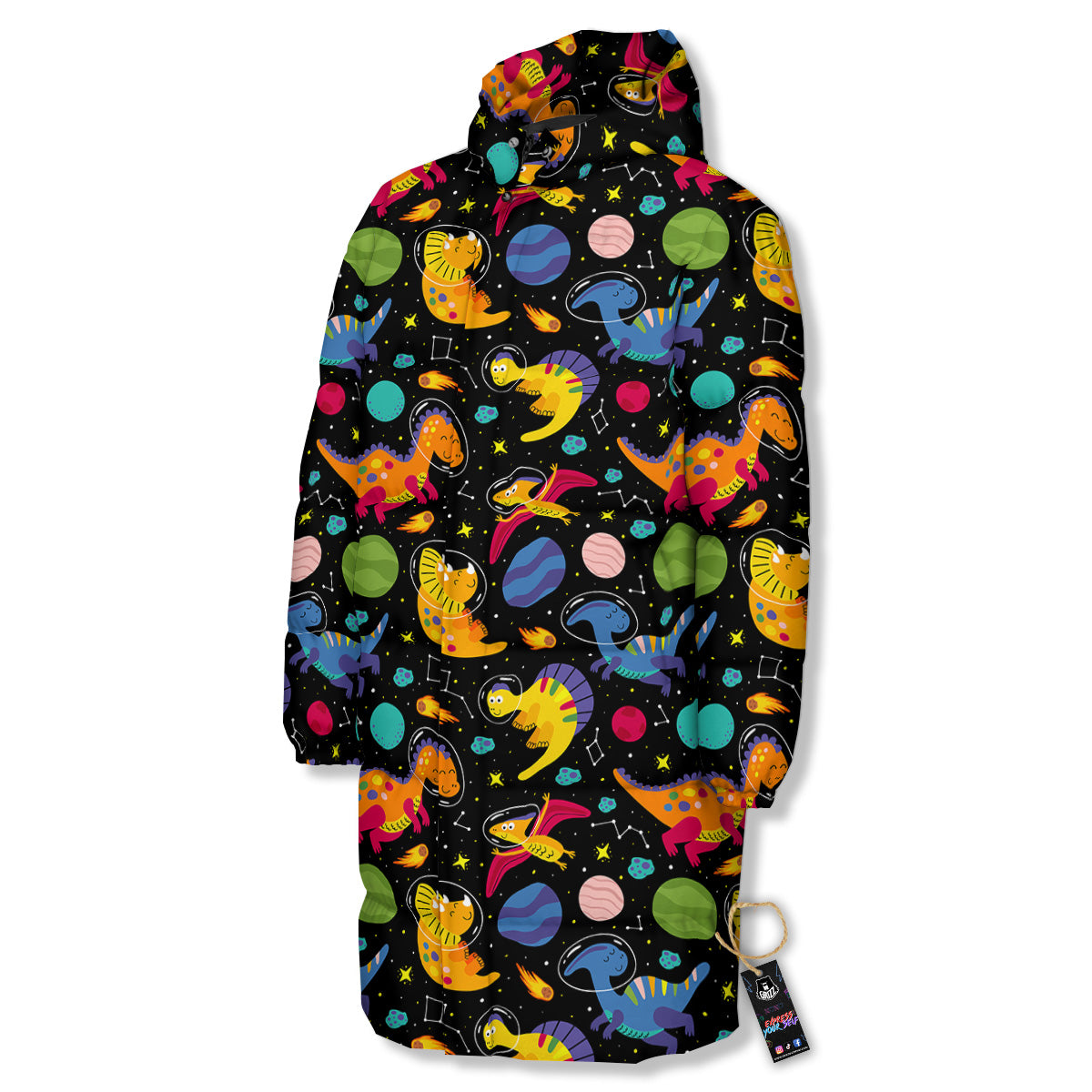 Cute Dinosaurs In Space Print Pattern Long Down Jacket