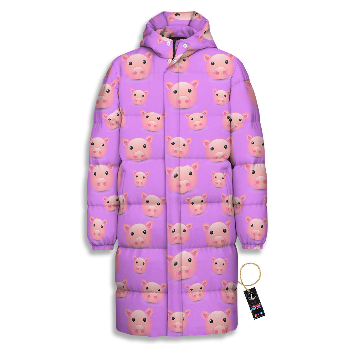 Cute Pink Pig Face Emoji Print Pattern Long Down Jacket