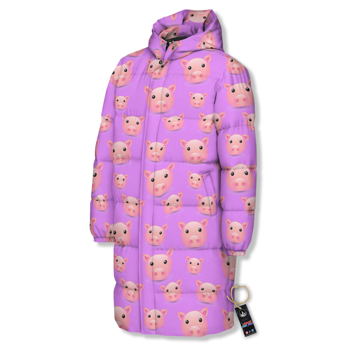 Cute Pink Pig Face Emoji Print Pattern Long Down Jacket