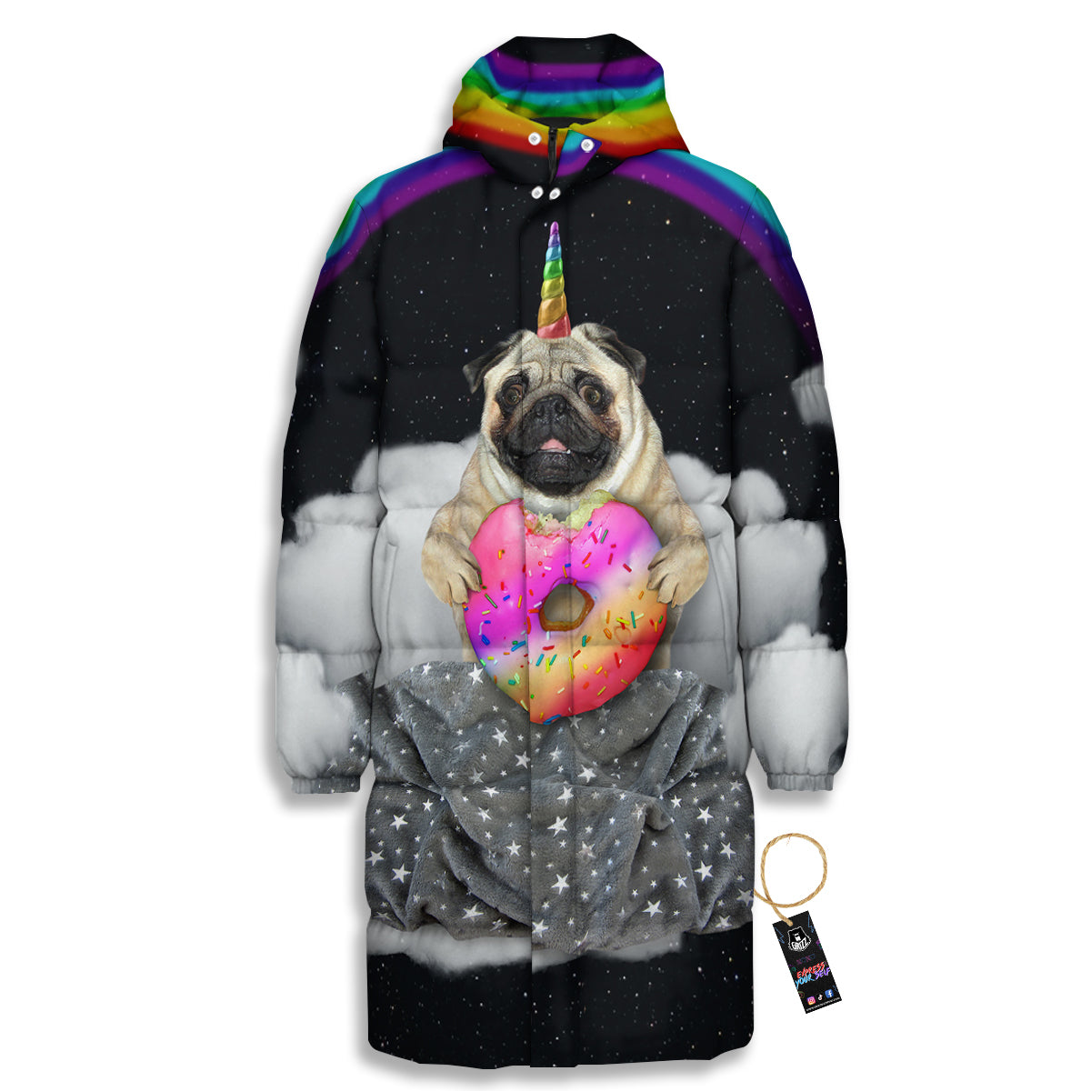 Cute Pug Unicorn Print Long Down Jacket