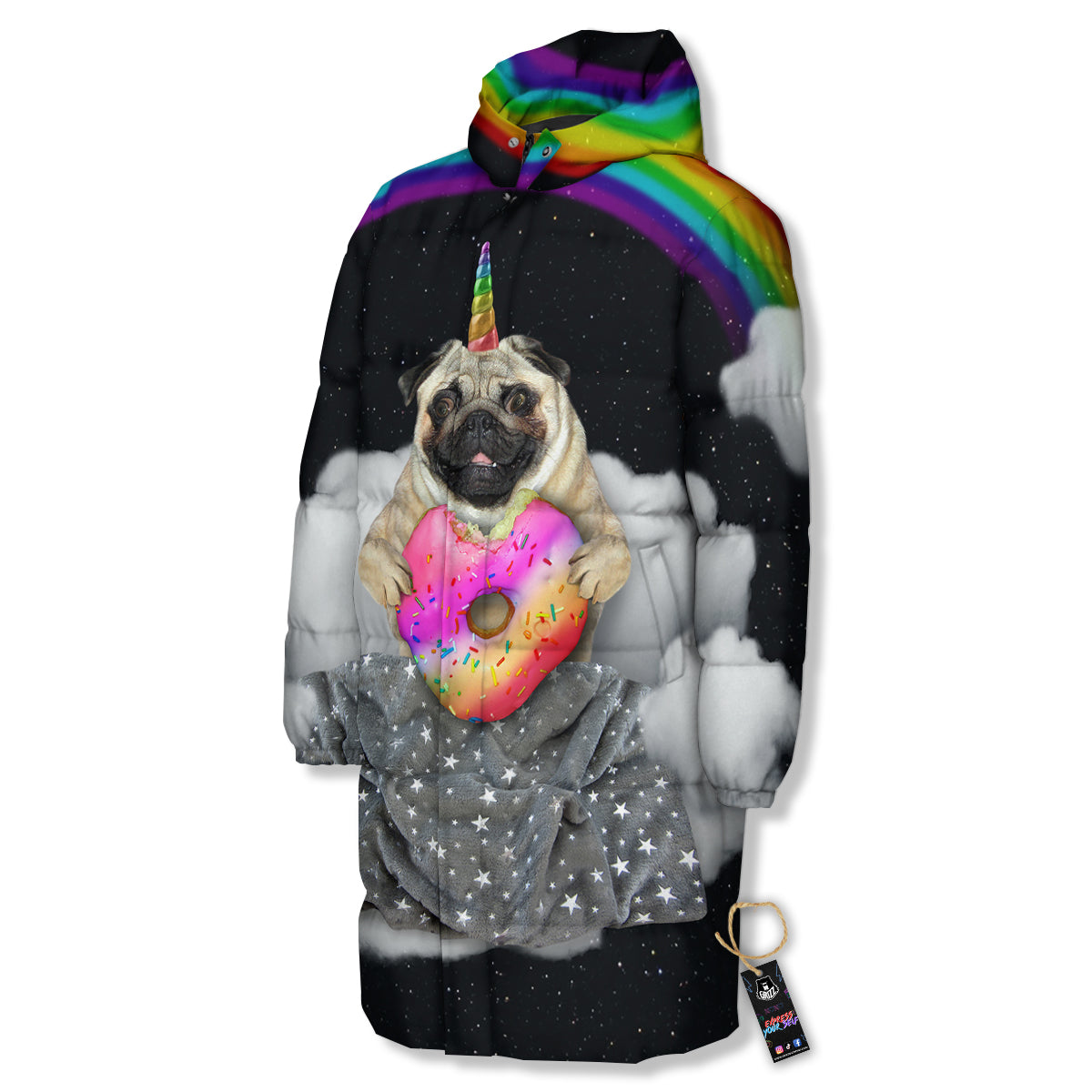 Cute Pug Unicorn Print Long Down Jacket