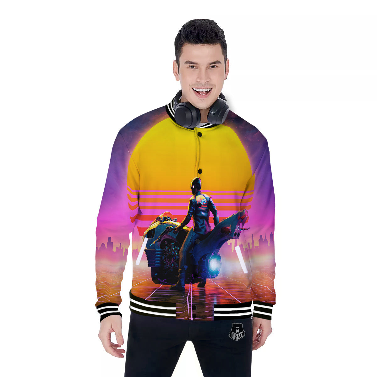 Cyberpunk Biker Print Baseball Jacket-grizzshop