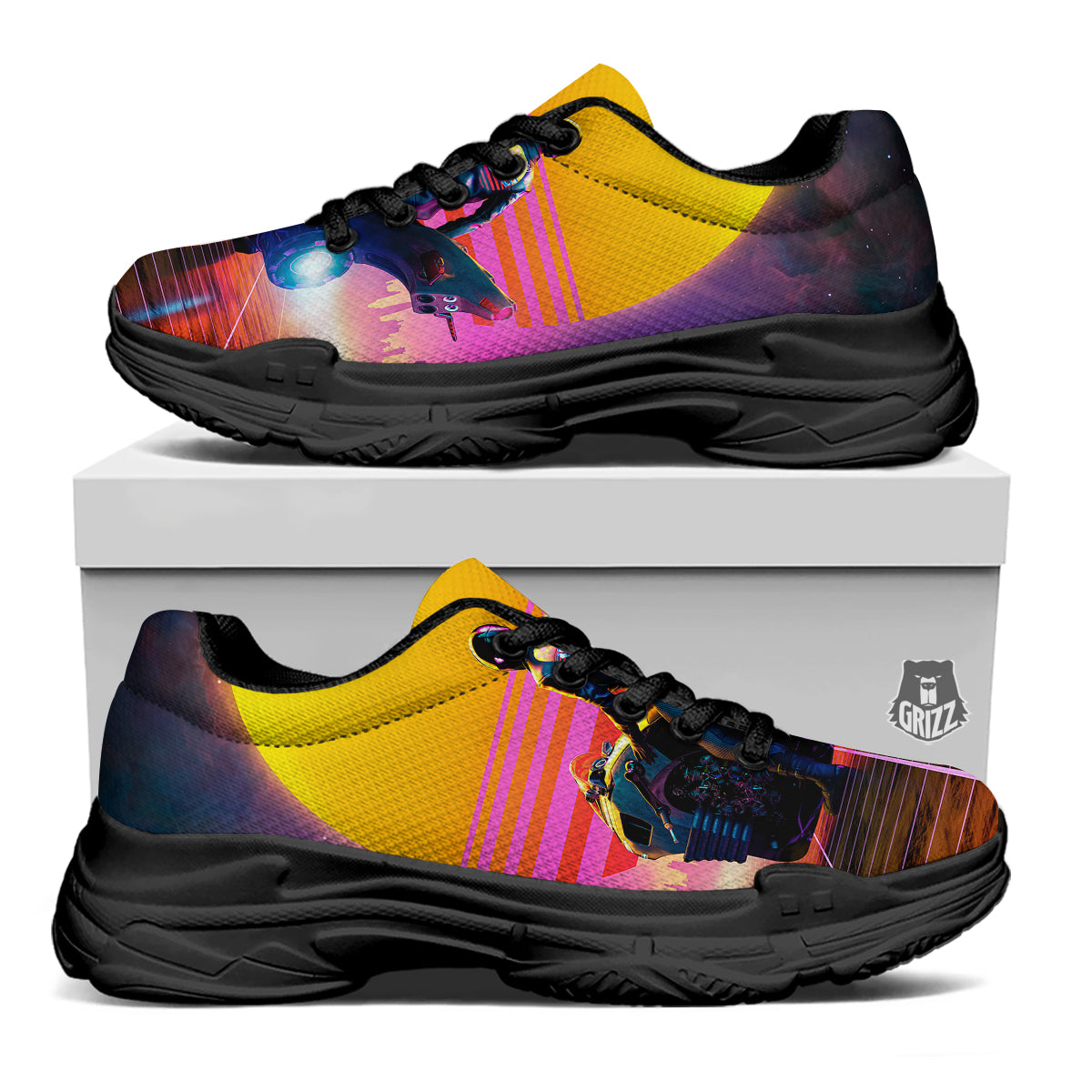 Cyberpunk Biker Print Black Chunky Shoes-grizzshop