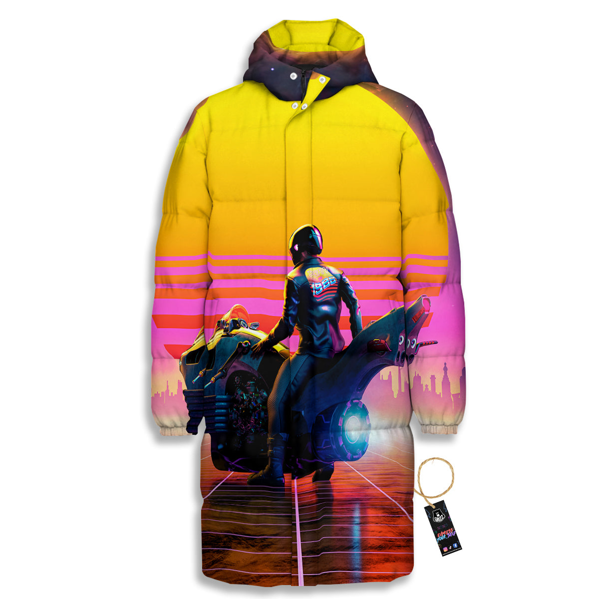 Cyberpunk Biker Print Long Down Jacket-grizzshop