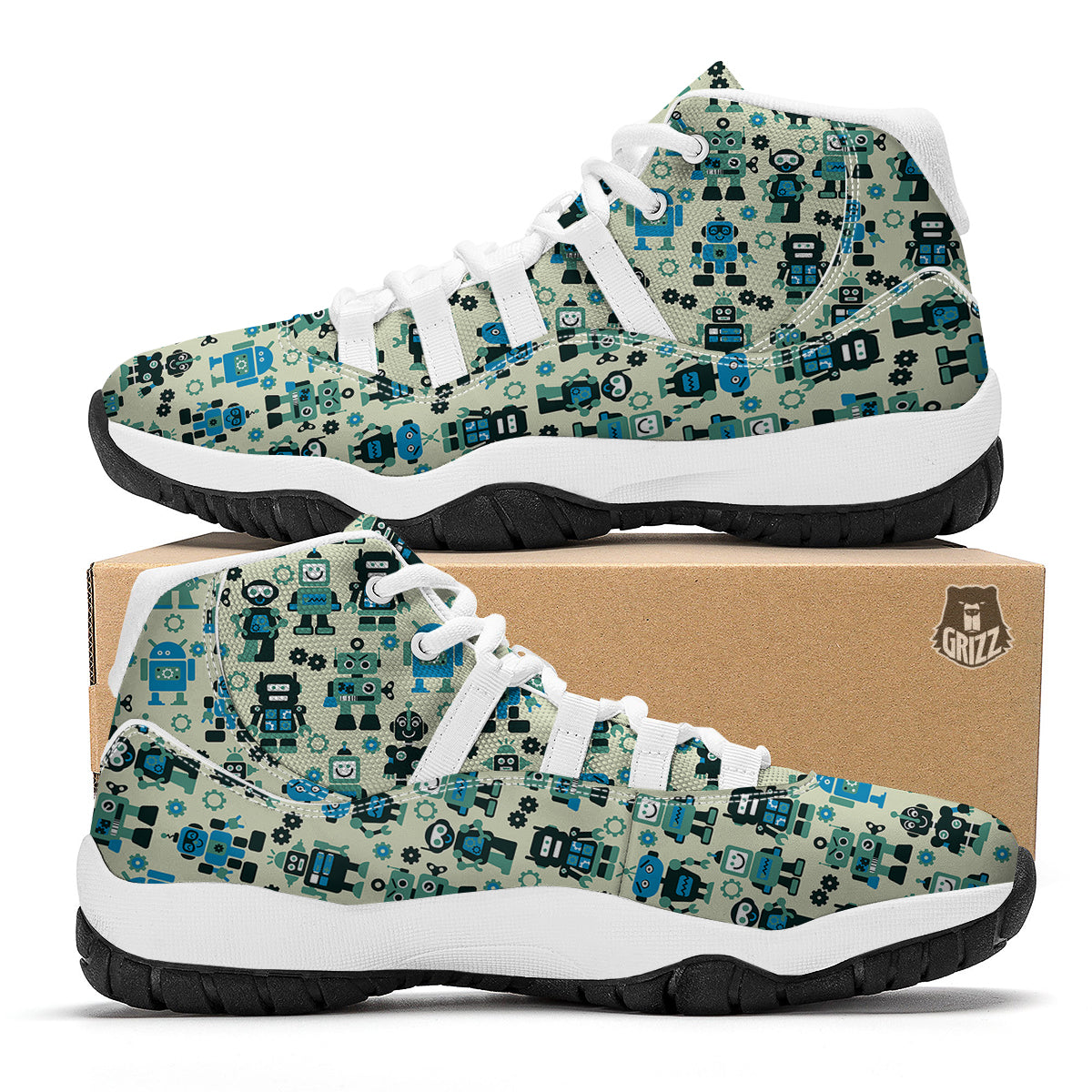 Cyborg Robot Pattern Print White Bball Shoes-grizzshop